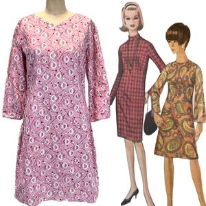 VINTAGE Mid century mod MCM day dress long sleeve midi‎ geometric space age 60s